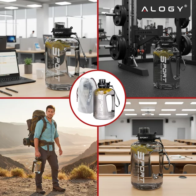 Duża Butelka Motywacyjna na Wodę 1.7L Bidon Sportowy z Miarką, Uchwytem i Pokrywką 2w1 (Dzióbek + Słomka), Wygodna i Szczelna, Alogy Sport 1700ml – Czarna