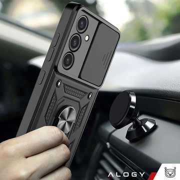 Pouzdro pro Samsung Galaxy A35 5G Armored Slide Case Ring Pouzdro Ochrana fotoaparátu Camshield Alogy Black Glass