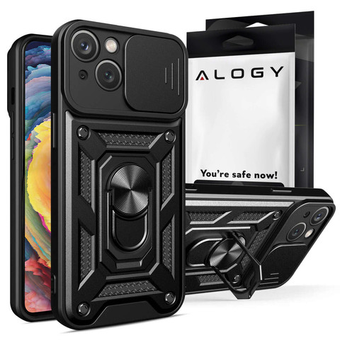 Armored case for iPhone 15 Plus Camshield Case Ring Alogy Stand with slide camera cover, black