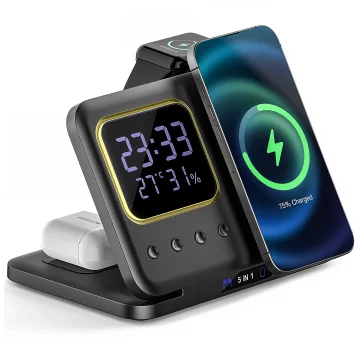 ŁADOWARKA INDUKCYJNA BEZPRZEWODOWA SZYBKA STACJA 5w1 ZEGAR LED 15W USB-C do MagSafe do Apple iPhone Watch AirPods z zegarem i higrometrem Czarna