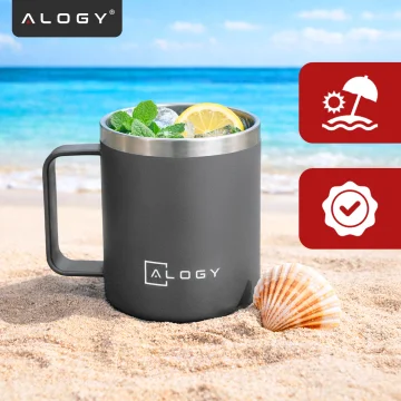 Thermobecher 420 ml mit Henkel und Deckel für Kaffee, Tee, Stahl, Kalt- und Heißgetränke Alogy Grey