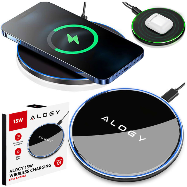 QI bezdrátová indukční nabíječka 15W rychlá LED Alogy kulatá pro iPhone USB-C kabel Černá