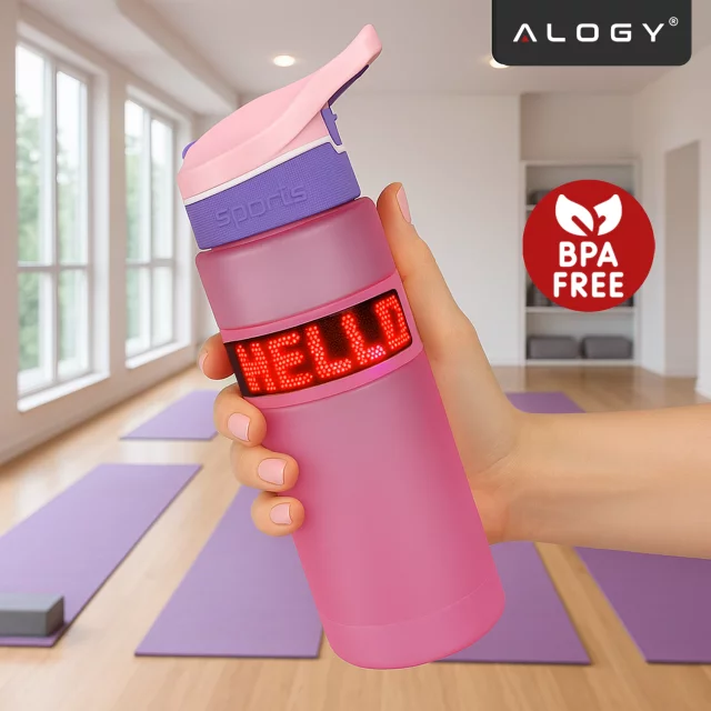 Butelka Bidon na Napoje LED, Inteligentna z Wyświetlaczem i Łącznością Bluetooth, Słomka, Motywacyjna, Wielokrotnego Użytku, Alogy FitBottle™ 800ml - Różowa