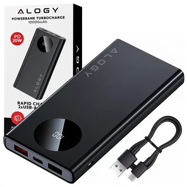 PowerBank 10000mAh z Technologią PD 120W, Szybkie Ładowanie PowerDelivery, Porty 2x USB-A i 1x USB-C, Wysoka Moc i Kompaktowy Design, Alogy TurboCharge™ – Czarny