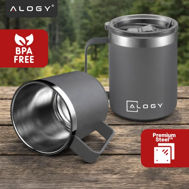 Termohrnek 420 ml s uchem a víčkem na kávu, čaj, ocel, studené a teplé nápoje Alogy Grey