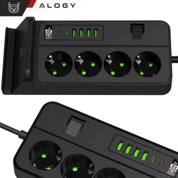 Alogy Plug Extender Steckdosenverteiler Splitteradapter Verlängerungskabel mit Qi-Induktionsladegerät 4x EU-Stecker 4x USB 2x USB-C Schwarz
