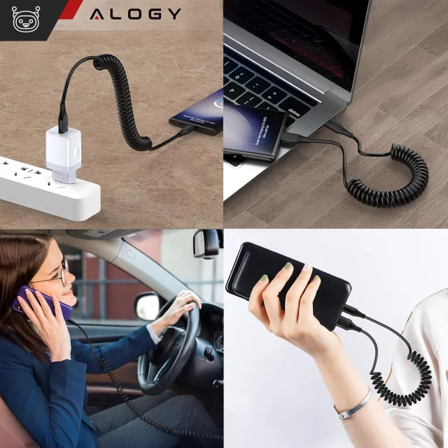 Alogy Spiral Car Charging Cable 66W 5A 150cm USB to USB-C Black