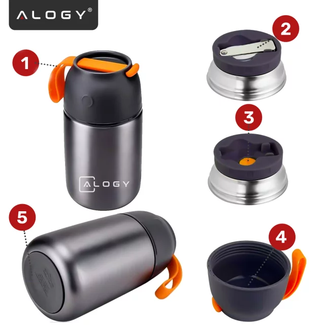 Termos pojemnik obiadowy na jedzenie żywność zupę lód dla dzieci 700ml Alogy ze stali nierdzewnej + składana łyżeczka termiczny szary