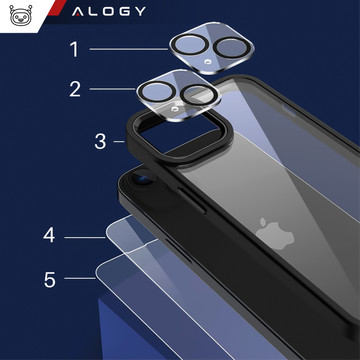 Case for iPhone 14 Plus set of 4 glasses 5in1 armored 360 Alogy Hybrid 2x screen glass 2x lens black-transparent