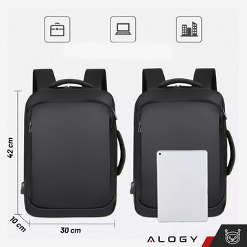 Plecak torba na laptopa 15.6 cal męski damski duży USB do samolotu na walizkę Unisex 42x30x10cm Alogy wodoodporny Czarny
