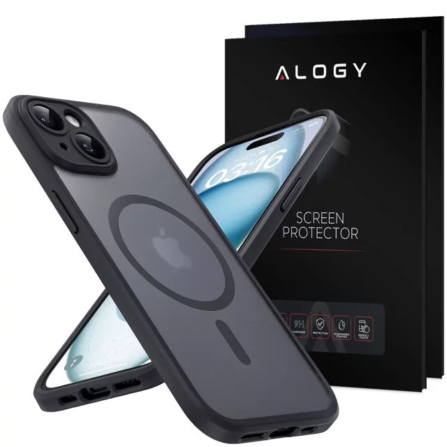 Etui + Szkło hartowane do Apple iPhone 15 Plus obudowa Alogy MagSafe Hybrid Matte Case pokrowiec matowy z ochroną obiektywu czarny 