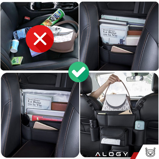 Organizér do auta do auta mezi sedadlo autosedačka Alogy Car držák na pití kapesníčky Black 2x držák na opěrku hlavy