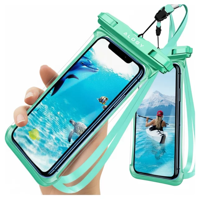 Etui Wodoodporne Uniwersalne IPX8 do Telefonów do 6.5", Wodoszczelna Ochrona na Plażę, Basen i Kajak, Dotykowy Front i Pasek na Szyję, Alogy HydroShield™ – Zielone