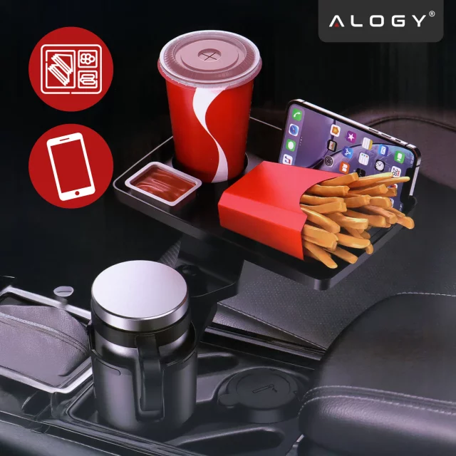 Uchwyt Samochodowy na Kubek i Butelkę Telefon z Obrotowym Stoliczkiem 360°, Mobilny Organizer 2w1, Alogy MultiUse Tray™ – Czarny