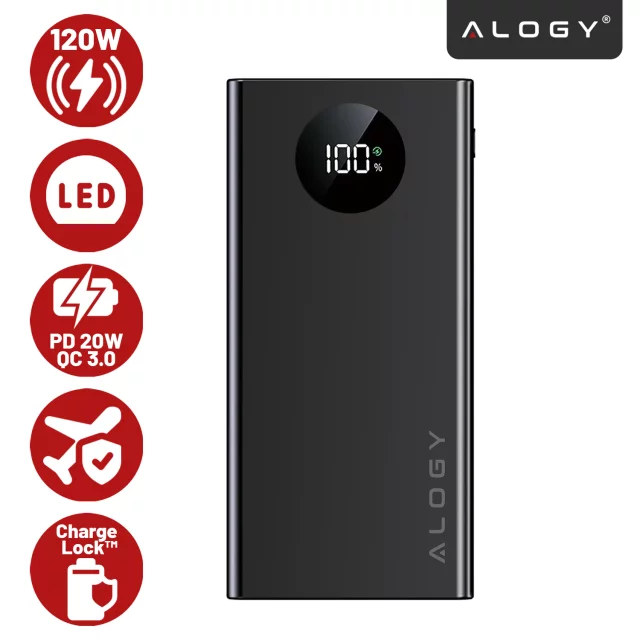 PowerBank 10000mAh z Technologią PD 120W, Szybkie Ładowanie PowerDelivery, Porty 2x USB-A i 1x USB-C, Wysoka Moc i Kompaktowy Design, Alogy TurboCharge™ – Czarny