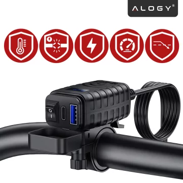 Alogy MotoCharge Pro™ Motorcycle Charger with Display, 36W PD QC 3.0 Fast Charging, USB-A and USB-C Ports, Waterproof and Rugged, Black