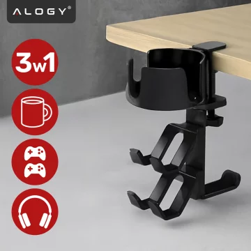 Uchwyt do biurka wielofunkcyjny – na kubek, pady i słuchawki, mocowanie do blatu, antypoślizgowy i stabilny – Alogy DeskClamp™ Czarny