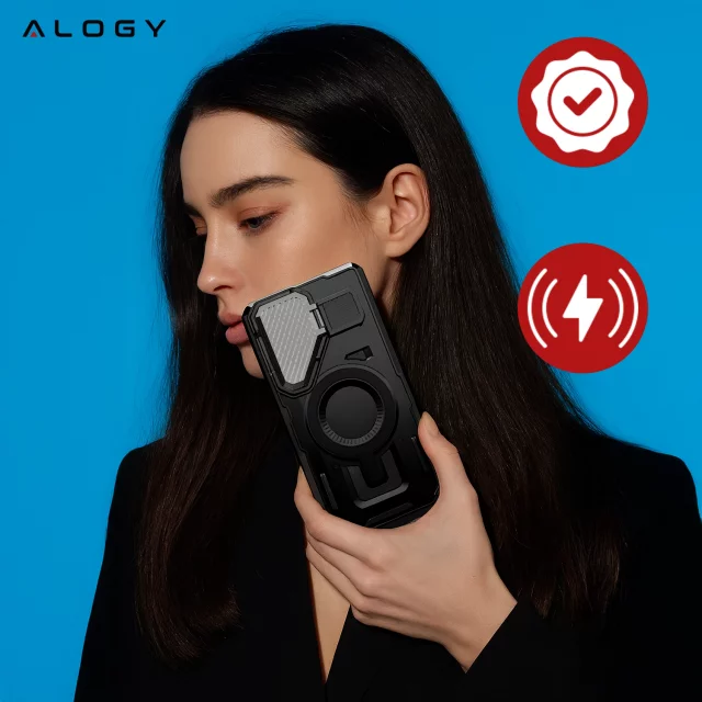 Etui do Samsung Galaxy S25 Ultra Case do MagSafe Wzmocniona Pancerna ochrona obiektywów z funkcją podstawki obudowa ochronna na telefon Alogy HeavyDuty Mag™️Czarne + SZKŁO HARTOWANE