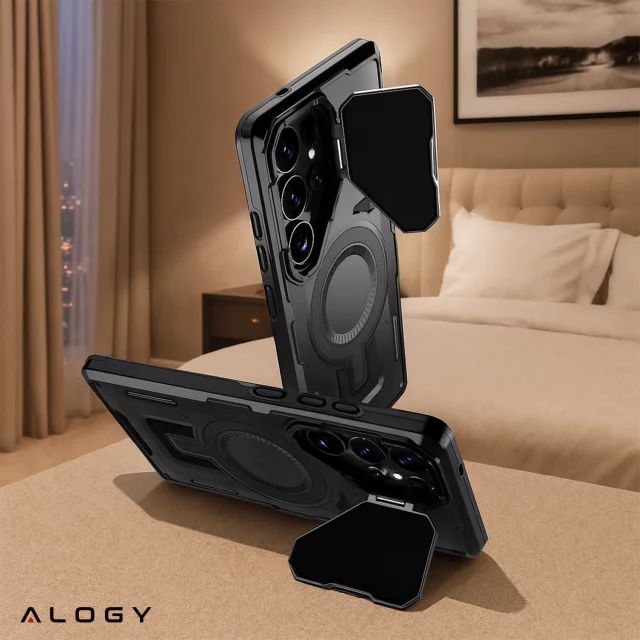 Etui do Samsung Galaxy S25 Ultra Case do MagSafe Wzmocniona Pancerna ochrona obiektywów z funkcją podstawki obudowa ochronna na telefon Alogy HeavyDuty Mag™️Czarne + SZKŁO HARTOWANE