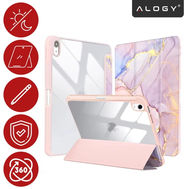 Etui Ochronne do Apple iPad 10.9" 10 Gen 2022 / iPad 11" A16 11 Gen 2025 Hybrydowe z Miejscem na Rysik, Składana Okładka z Funkcją Podstawki 2w1, Alogy HybridBook™ Case – Marble Pink