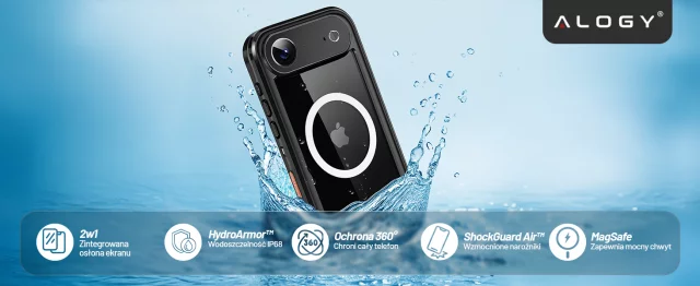 Etui Wodoodporne do Apple iPhone 17 Air 6,6", Pancerna Obudowa 360° z Przezroczystym Tyłem, Kompatybilna z MagSafe, Alogy HydroArmor™ IP68 Case – Czarne