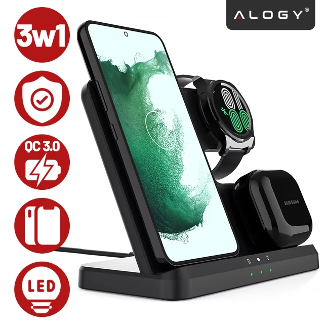 Kabelloses induktives Ladegerät 3in1 Qi 3.0 Fast für Samsung S22 S23 S24 Galaxy Watch Buds Station schwarz