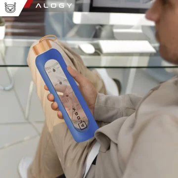 Alogy Large Glass Bottle Drinking Bottle Motivational Measuring Cup 1l 1000ml Silicone Case Blue