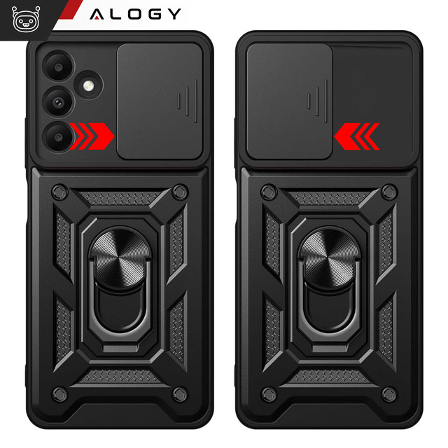 Pouzdro pro Samsung Galaxy A35 5G Armored Slide Case Ring Pouzdro Ochrana fotoaparátu Camshield Alogy Black Glass