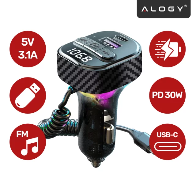 Bluetooth 5.3 FM Transmitter with PD 30W QC3.0 Car Charger, USB-C Spring Cable, Pendrive Support, 7 Color LED Backlight – Alogy CarTune™ Black