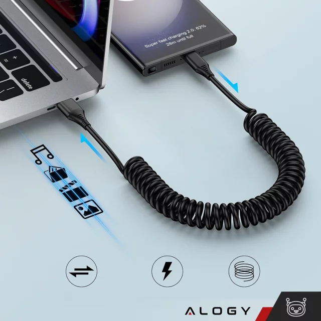 Alogy Spiral Car Charging Cable 66W 5A 150cm USB to USB-C Black
