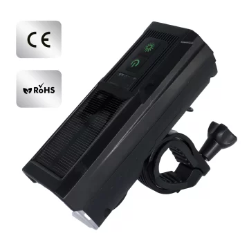 LED-Fahrradfrontlicht mit Solarpanel und Hupe, superhell (1000 lm, 4400 mAh), wasserdicht, schwarz