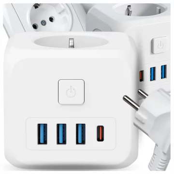 Síťový splitter splitter Adaptér nabíječky zloděj 3 zásuvky EU 3x USB USB-C C 7v1 Alogy Bílá