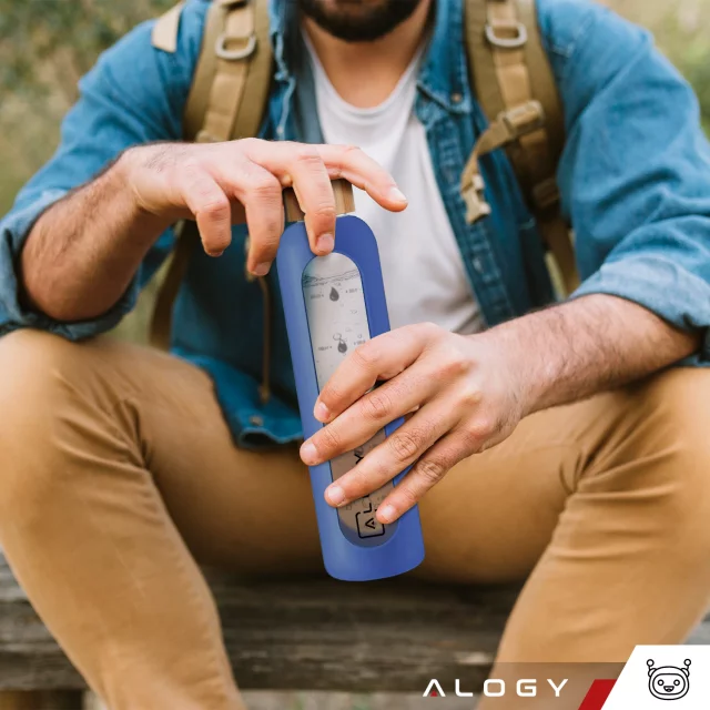Große Glasflasche, Trinkflasche Alogy Motivational Messbecher 1l 1000ml, Silikonhülle Blau