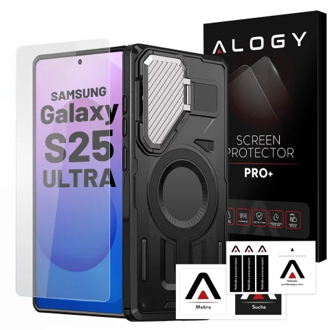 Etui do Samsung Galaxy S25 Ultra Case do MagSafe Wzmocniona Pancerna ochrona obiektywów z funkcją podstawki obudowa ochronna na telefon Alogy HeavyDuty Mag™️Czarne + SZKŁO HARTOWANE