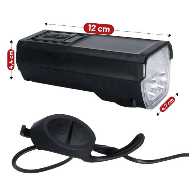 LED-Fahrradfrontlicht mit Solarpanel und Hupe, superhell (1000 lm, 4400 mAh), wasserdicht, schwarz