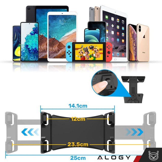 Držák na tablet 4,7"-12,9" na hrazdu, stativ, řídítka na trenažér, stacionární kolo, běžecký pás, stojan na opěrku hlavy Alogy černá