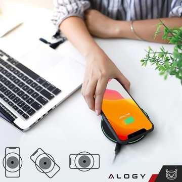 QI bezdrátová indukční nabíječka 15W rychlá LED Alogy kulatá pro iPhone USB-C kabel Černá