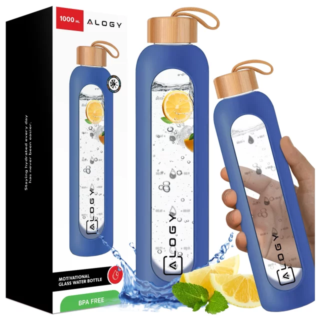 Alogy Large Glass Bottle Drinking Bottle Motivational Measuring Cup 1l 1000ml Silicone Case Blue