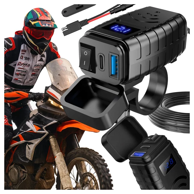 Motocyklová nabíječka Alogy MotoCharge Pro™ s displejem, rychlé nabíjení 36 W PD QC 3.0, porty USB-A a USB-C, vodotěsná a odolná, černá