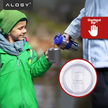 Thermobecher 420 ml mit Henkel und Deckel für Kaffee, Tee, Stahl, Kalt- und Heißgetränke Alogy Grey