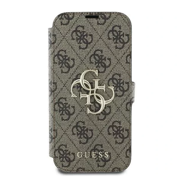Kovový kryt Guess 4G Logo Book pro iPhone 16 6,1″ – hnědý, se stojánkem