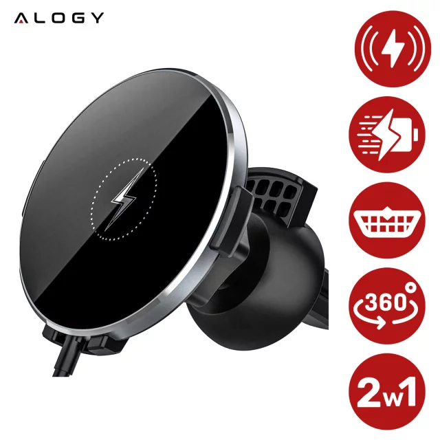 2-in-1 car holder with Alogy Airvent MagSafe QI Charger for MagSafe 15W inductive charger Black