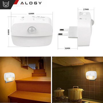 3x LED night lamp with motion sensor for EU socket, 3 light colors Alogy Night Light White