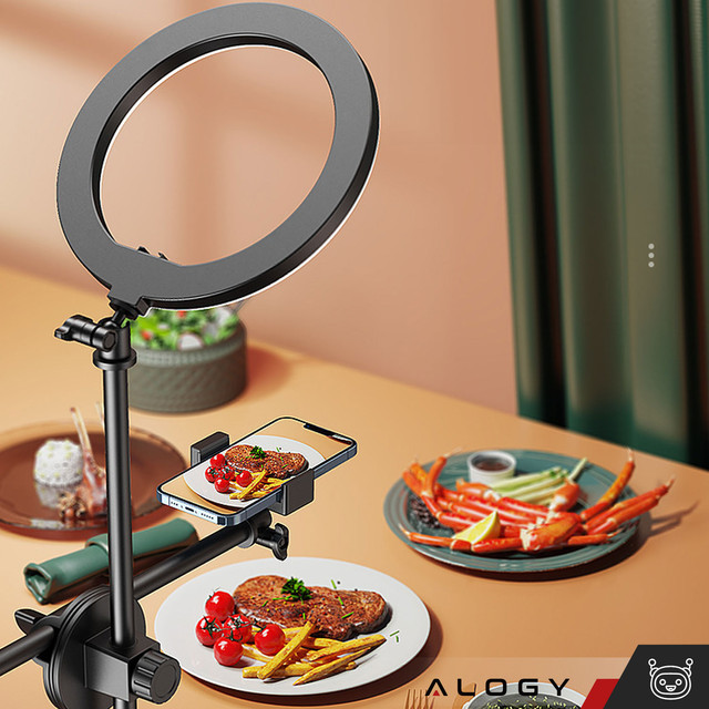 Ring LED ring lamp 10" 2x phone holder standing tripod on desk with adjustable frame Alogy Black