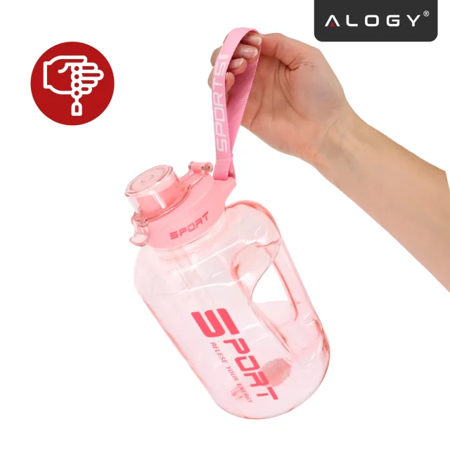 Duża Butelka Motywacyjna na Wodę 1.7L Bidon Sportowy z Miarką, Uchwytem i Pokrywką 2w1 (Dzióbek + Słomka), Wygodna i Szczelna, Alogy Sport 1700ml – Różowa