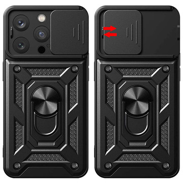 Armored case for iPhone 15 Pro Camshield Case Ring Alogy Stand with slide camera cover black Glass