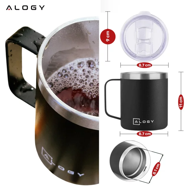 Thermobecher 420 ml mit Henkel und Deckel für Kaffee, Tee, Stahl, Kalt- und Heißgetränke, Alogy Black