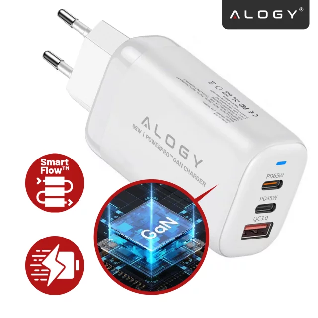 Alogy GaNCharge Compact 3in1 Wall Charger Fast Charging GaN3 65W USB-A 30W 2x USB-C 65W White