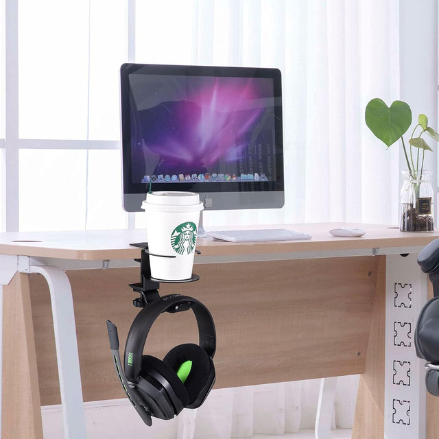 2in1 Desk Organizer Holder for Cup Headphones Cables Desk Aluminum Stand Hanger Hook Alogy Black