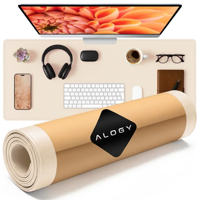 Podkładka na biurko 90×45 cm – antypoślizgowa mata ochronna z eleganckiej ekoskóry PU, pod mysz i klawiaturę, stylowa i trwała – Alogy WorkMat™ Beżowa